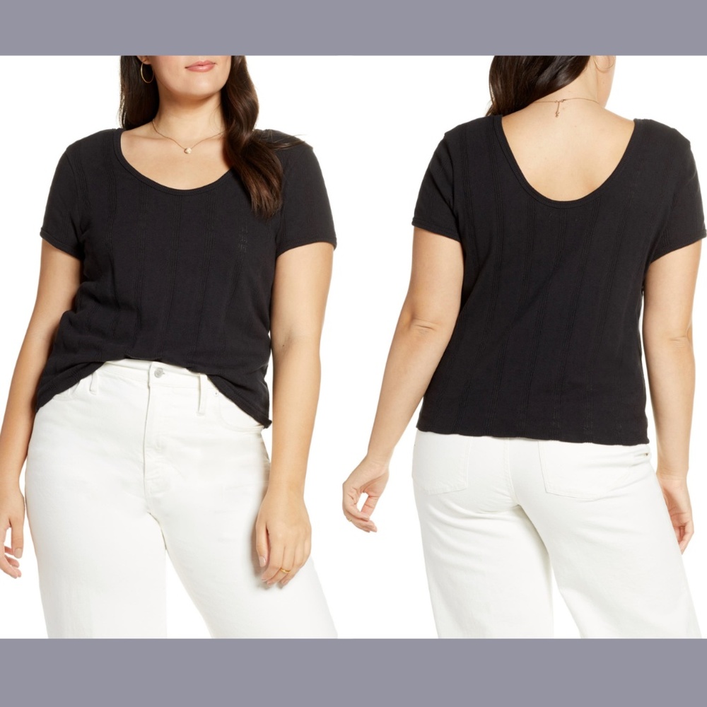NEW Madewell‎ [ Small ] Scoop Neck Pointelle Ribbed Short Sleeve Tee Top